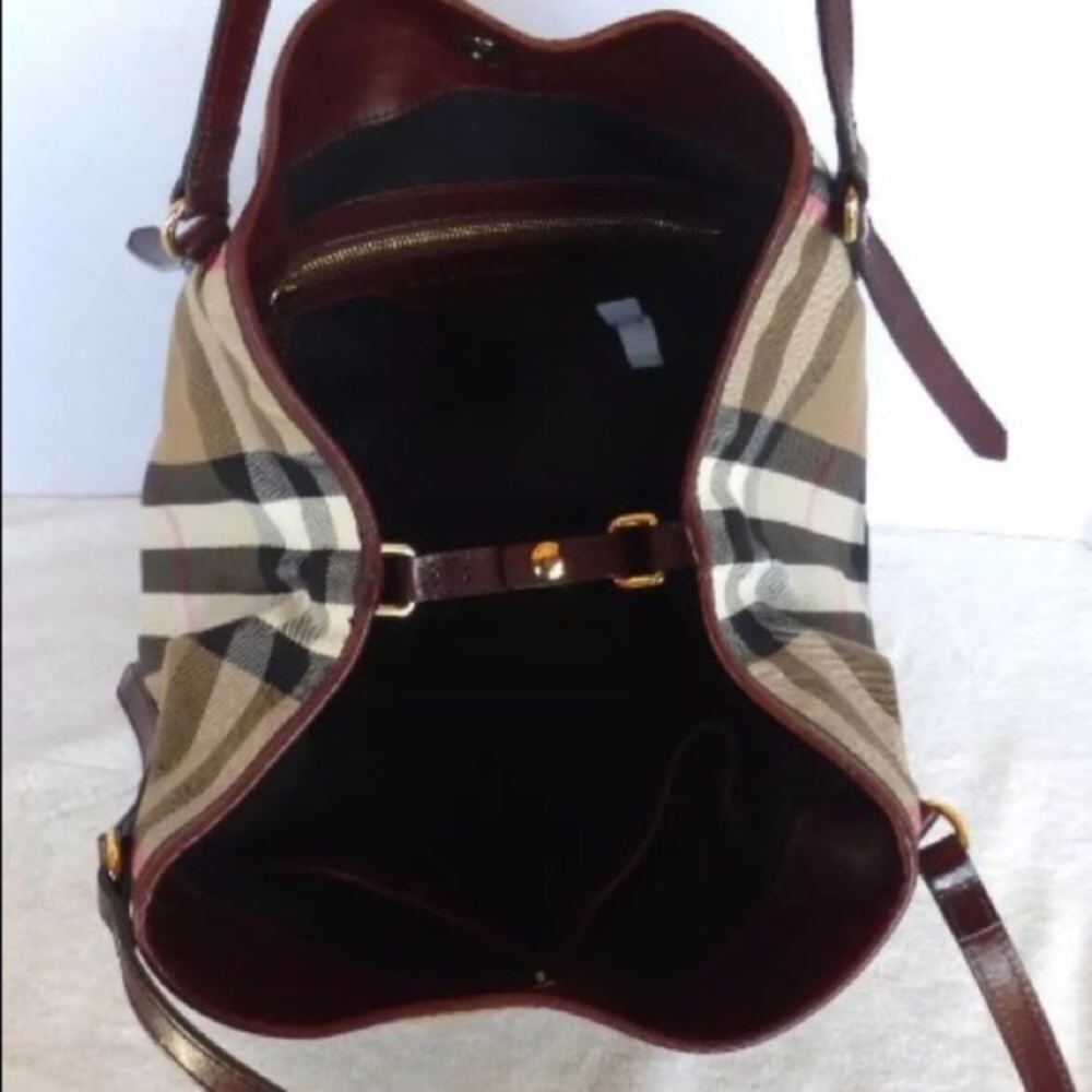 Burberry Tan Plaid Canvas Tote with Brown Leather Trim - Picture 4 of 8